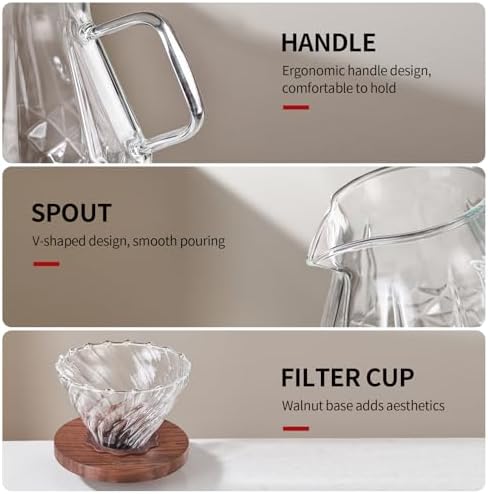Bincoo Pour Over Coffee Maker&Dripper, Style Cone Filter + 600ml Glass Coffee Server, Manual Coffee Brewer Set, Reusable Coffee Filter Holder, Great Gift for Coffee Enthusiasts（Clear） - Image 5