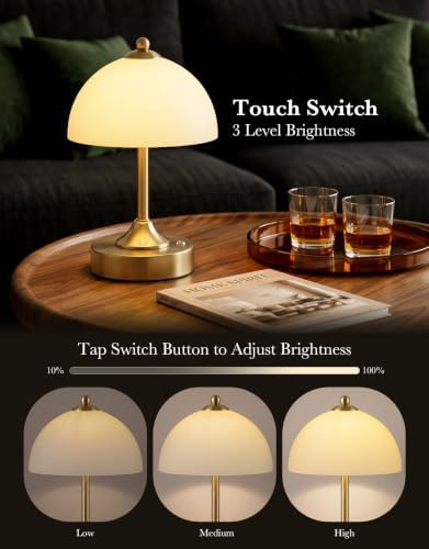 ROTTOGOON Cordless Table Lamp, 5200mAh Gold Rechargeable Battery Operated Lamp, 3-Way Dimmable Touch Lamps, Small Glass Bedside Nightstand Light for Bedroom Dining Table Living Room - Image 2