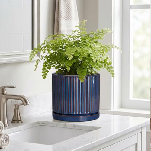 8 Inch Plant Pot, Ceramic Planters with Saucer, Retro Blue - Image 7