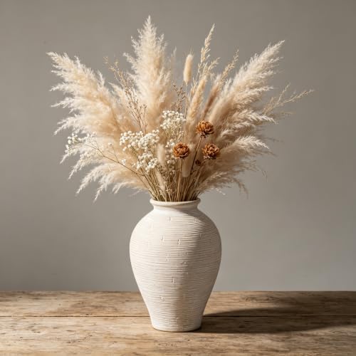 Large 9 Inch Ceramic Vase, Farmhouse Rustic Table Centerpiece, Vintage Floor Vase for Dried Flowers, Home Decor for Living Room, Mantel, Bookshelf & Office by Zipper