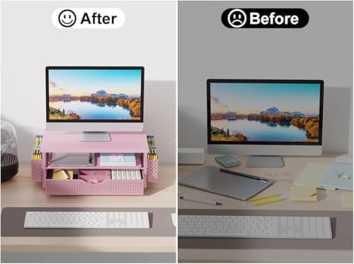 Monitor Stand with Drawer and 2 Pen Holders (Matte Pink) - Image 6