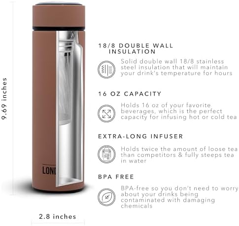 The London Sip 16.9 oz Multi-Purpose Tea Infuser Mug – Fruit Infuser Water Bottle for Hot and Cold – Double Wall Stainless Steel Insulated, Mocha Brown - Image 2