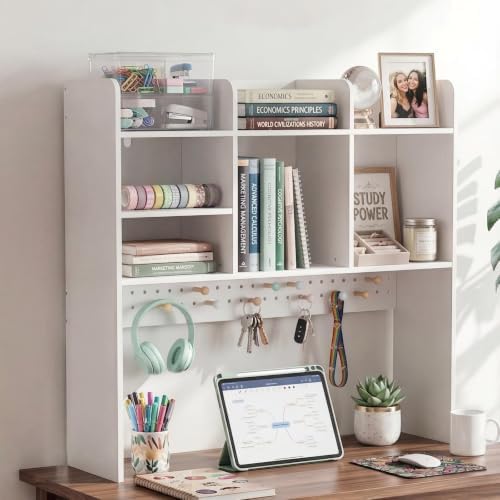 OOOK 35.9" L White Desk Hutch with Pegboard, Dorm Desk Organizer by OOOK