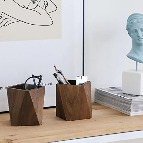 Black Walnut Wooden Pencil Box, Multiple-Use Desk Writing Stationary Organizer Wood Pen Holder Cups Office School Supplies Storage (Prismatic Shape) - Image 5