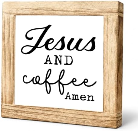 Coffee Bar Decor Wooden Sign, Jesus And Coffee Amen Tabletop Plaque, Farmhouse Kitchen Counter Shelf Decor, Rustic Coffee Station Wood Sign For Home, Christian Coffee Lover Gift, 5.9 x 5.9 in by Unknown
