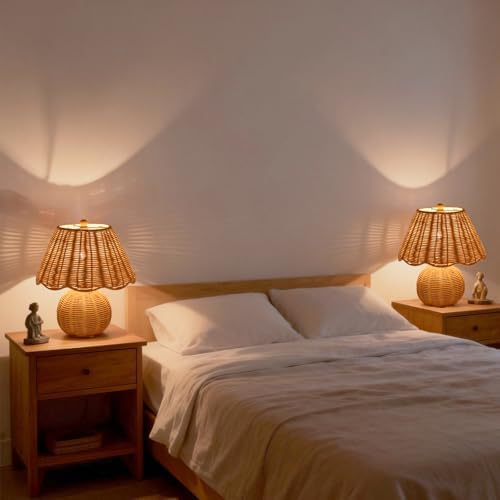 Rattan Small Bedside Mini Table Lamp for Bedroom,Boho Bedroom Lamps for Nightstand, Wicker Mini Table Lamps for Small Spaces with Scalloped Shade for Kitchen Counter, Bookshelf, Kids Dorm, Office - Image 7