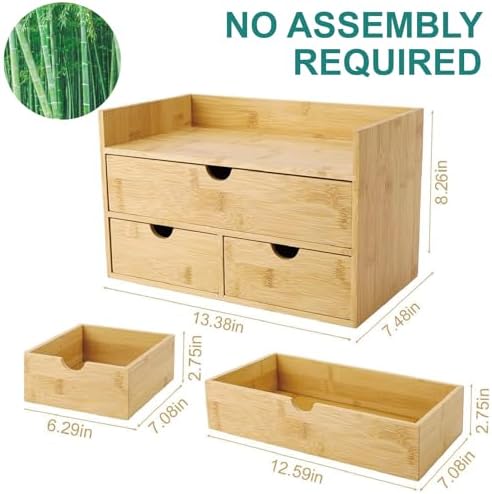 3 Drawer Bamboo Desk Organizer with Shelf – Makeup Storage & Tabletop Organizer for Home Office, Workspace, or Bathroom – No Assembly Required - Image 3