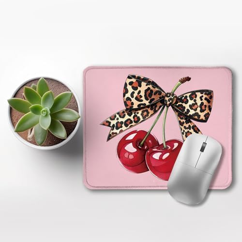 Girly Leopard Bow Cherry Mouse Pad, Trendy Funky Preppy Pink Cherry Bow Aesthetic Mouse Pads Mousepad for Work Gaming Computers Laptop Desk Accessories, 9.5x7.9 Inch - Image 3
