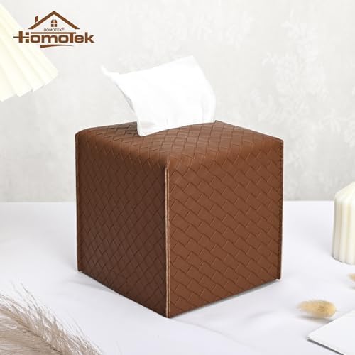 HOMOTEK 1 Pack Tissue Box Cover, Square PU Leather Tissue Holder, Decorative Facial Tissue Cube Paper Organizer Dispenser for Bathroom, Night Stands, Desk, Car 5X5X5'' - Woven Waffle,Chocolate - Image 3