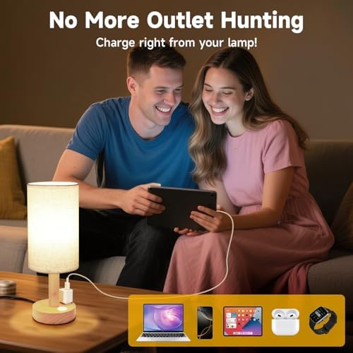 Small Bedside Table Lamp with AC Outlet,Natural Round Wood Base&Fabric Linen Shade,Cozy Night Table Light for Study Reading,Minimalist Boho Desk Lamp for Nightstand,Living Room,Nursery,Kitchen,Dorm - Image 2