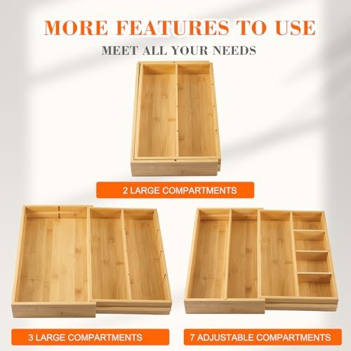 Bamboo Sliding Desk Drawer Organizer 8.2'' up to 16.4'' x 14.4'' x 2.2'' Expandable Office Desk Accessories Supplies Tray with 7 Compartments for Pens, Notebooks, Rulers, and Makeup Jewelry Vanity - Image 3