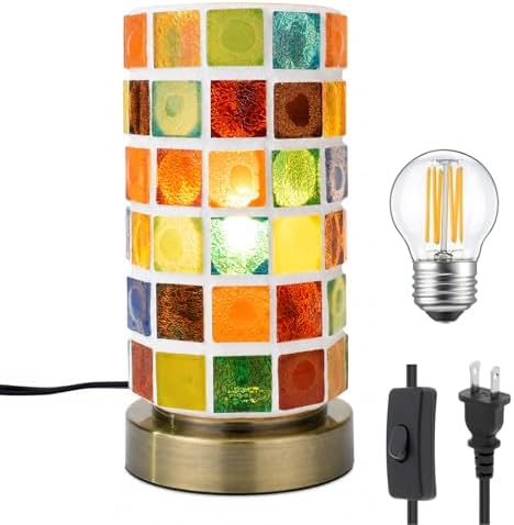 Mosaic Stained Glass Table Lamp for Bedroom Bedside, Bohemian Turkish Small Nightstand Lamp Night Light, Metal Base Round Colored Glass Shade Desk Lamp for Living Room Restaurant Bar (Bulb Included) by Unknown