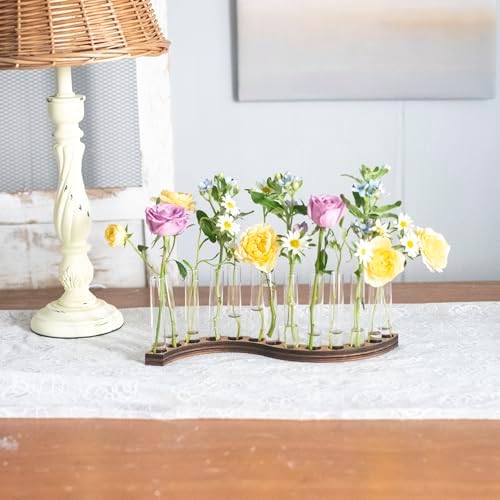 Test Tube Vases for Flowers，Small Plant Propagation Station，S Shape Plant Terrarium with Wooden Stand(Amber) - Image 2