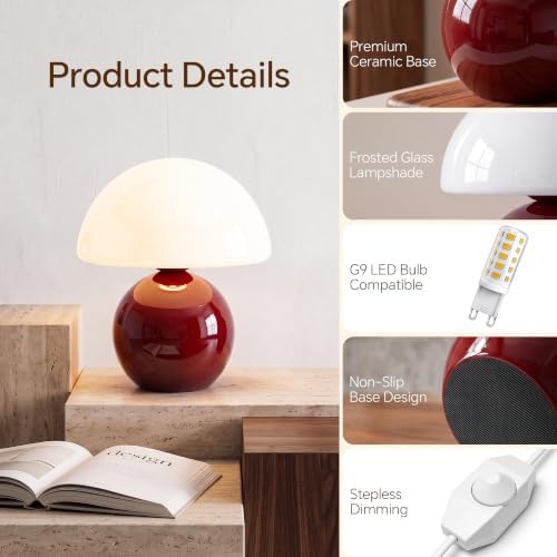 Dawnwake Mushroom Lamp Table Lamp for Bedroom-Small Table Lamps,Wine Red - Image 6