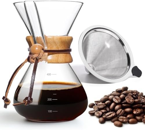 Pour Over Coffee Maker 14 OZ, 4 Cup Borosilicate Glass Drip Coffee Maker with Reusable Stainless Steel Filter and Cork Grip for Home Café 400 ML by Yopinmall