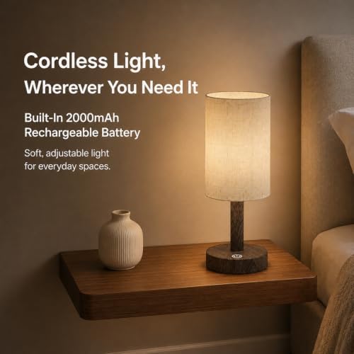 Small Rechargeable Cordless Table Lamp, Nightstand to Desk, Dark Walnut - Image 2