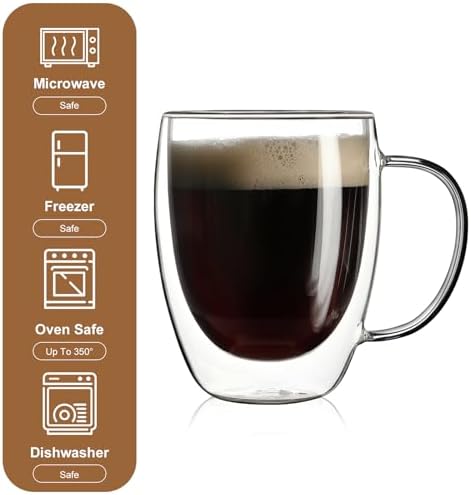 Aurzen 2 Pack Double Walled Glass Coffee Mugs with Handles, Large Insulated Layer Coffee Cups, 12oz Clear Borosilicate Mugs, Perfect for Cappuccino, Tea, Microwave Safe - Image 5
