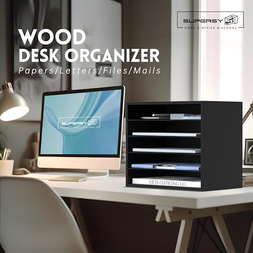 5 Tier Wood Desk Organizer, Mail Sorter and Paper Organizer for Desk, Black - Image 4