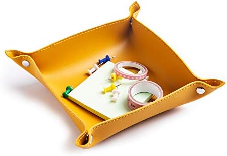 Leather Jewelry Valet Tray for Women and Man, Portable Entryway Table Tray Bedside Nightstand Desk Tray Small Catchall Travel Dish Plate for Key,Wallet,Watch,Coin (8x8, Yellow-B) - Image 4