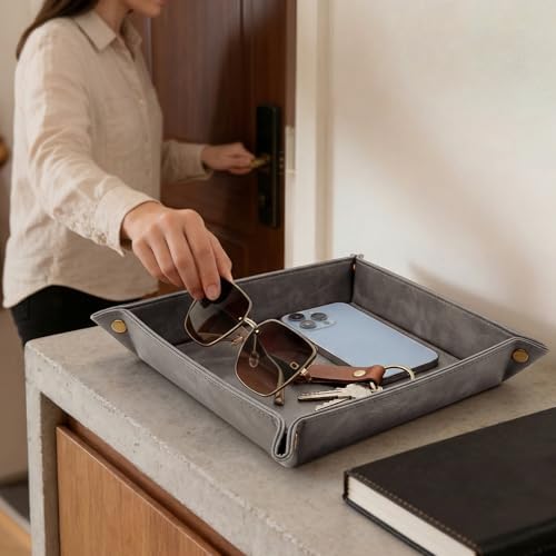 CoBak Leather Valet Tray, PU Leather Catch-All Tray for Entryway,Gray - Image 2
