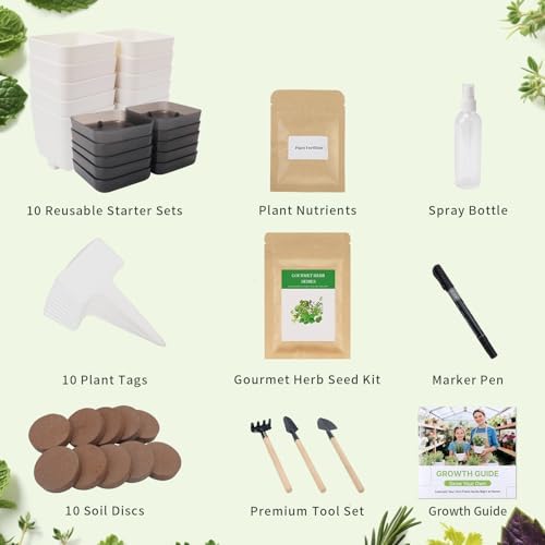10-Set Indoor Herb Garden Starter Kit, 7 Seeds Growing into Basil, Parsley, Thyme, Mint, Cilantro, Dill, Oregano Including 10 White Pots, Markers, Nutritional Soil, Ideal Christmas Gifts for Women - Image 2