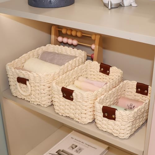 QINGTUHONE Woven Paper Rope Wicker Basket for Organizing(Set of 3,Beige) - Image 3