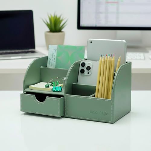 UnionBasic Desk Organizer - Multifunctional Leather Desktop Pen Holder Storage Box - Business Card/Pen/Pencil/Mobile Phone/Stationery Holder, Malachite Green - Image 5