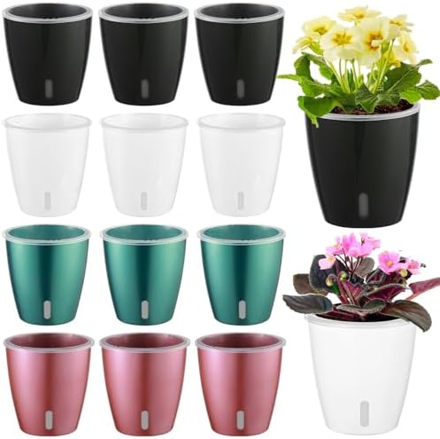 Self Watering Pots for Indoor Plants, 12-Pack 5'' Self Watering Planter with Drainage Holes, Small African Violet Pots with Water Indicator, Clear Wick Pot, White/Black/Blue/Rose Gold by KvyusFlourish
