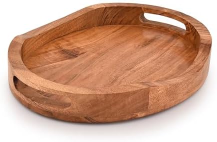 Tray Acacia Wood Oval Large Tray with Handle Food Serving Trays for Living Room Home Dining Table (14" X 11" X 2") - Image 2