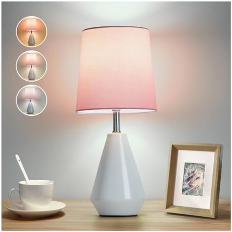 Small Bedside Table Lamp for Bedroom - Reading Desk Lamp with 3 Color Temperatures，15.5" Nightstand Ceramic Lamp with Fabric Shade for Kids Room,Living Room,Dorm,Home Office (White+Pink by Illuminatingyoumeandhim