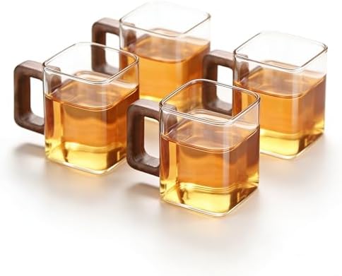 Square Glass Cups with Wooden Handle, Set of 4, Transparent Tea Glasses for Coffee, Modern Minimalist Drinkware by Unknown