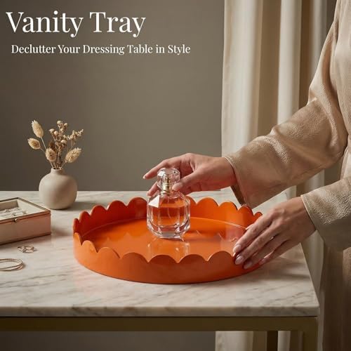 Gesodant 13" Round Scalloped Decorative Tray for Coffee Table Decor, Candle & Perfume Tray, Dining Table Centerpiece & Aromatherapy Candle Display, Modern Glossy Lacquer Look (Orange) - Image 4