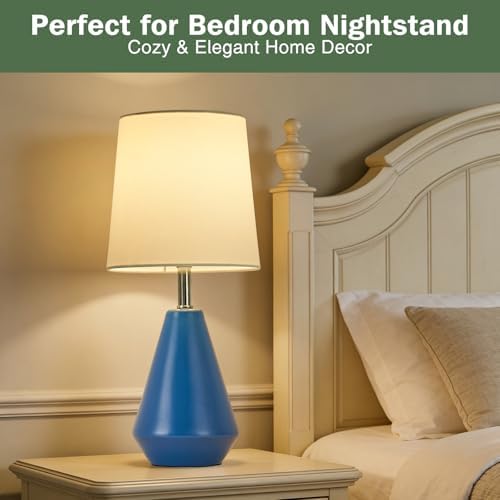 Small Bedside Table Lamp for Bedroom-Reading Desk Lamp Set of 2,with 3 Color Temperatures,15.5" Nightstand Ceramic Lamp with Fabric Shade for Kids Room,Living Room,Dorm,Home Office(Blue+White) - Image 3