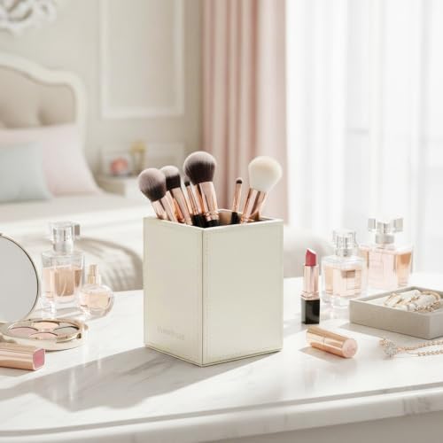 UnionBasic Square Pen Holder, Leather Pencil Cup, Desktop Caddy Stationery Organizer, Creamy White - Image 4