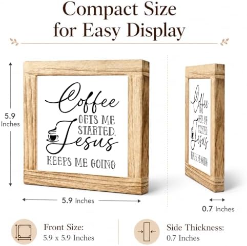 Christian Coffee Wood Sign, Coffee Gets Me Started Jesus Keeps Me Going Plaque, Faith Kitchen Counter Decor, Rustic Farmhouse Shelf Accent For Coffees Station, 5.9 x 5.9 in - Image 2
