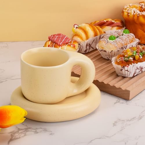 Koythin 10oz Chubby Handle Ceramic Mug Set With Saucer, Milky Apricot - Image 3