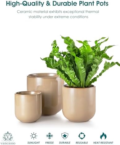 vancasso Ceramic Plant Pots, 4+5+6 inches, Set of 3, Planters with Drainage Hole, Flower Pots Planters Pots for Indoor Plants, Modern Indoor Decorative Garden Pot, Home Decor, Brown - Image 4