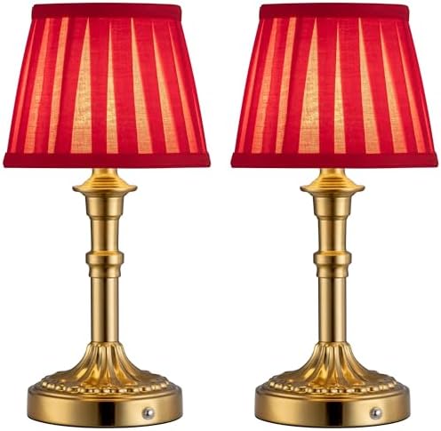 KDG Gold Cordless Table Lamps Set of 2, Red Fabric Shade Small Desk Lamp by KDG