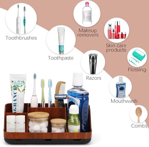 GFWARE Bathroom Decor and Accessories - Detachable 7 Slots Kids Electric Toothbrush and Toothpaste Holde for Bathroom Tray Countertop Vanity Storage, Bathroom Sink Storage Organizer, Red Wood - Image 5