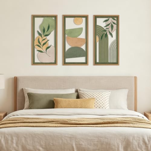 IARTTOP Boho Sage Green Wood Wall Art Framed 12X24 Inch Mid Century Minimalist Botanical Artwork Abstract Geometric Line Wall Decor for Living room Bedroom Set of 3 - Image 5