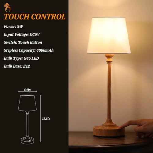 Kakanuo Cordless Table Lamps Rechargeable Set - 2 Pack Wooden 4000mAH Battery Operated Lamps for Decor, 3000K Stepless Dimming Touch Control Wireless Lamps for Bedroom, Dining Table - Image 6