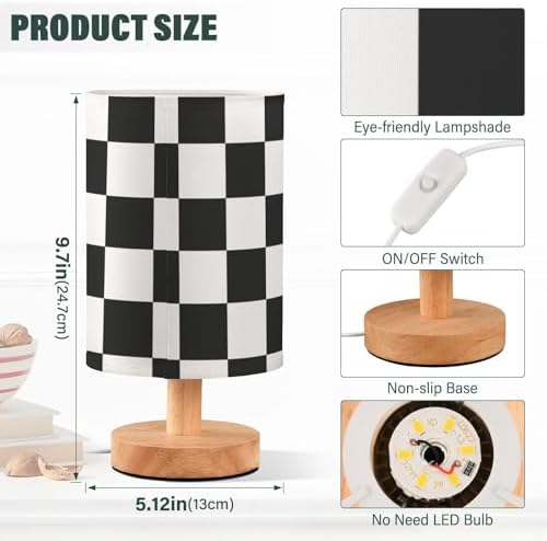ALAZA Black White Checkered Lamp for Girls Boys Bedroom Bedside Table Lamp with USB Port LED Kids Nightstand Lamp Wood Base Desk Living Room Decor - Image 3