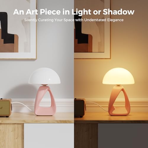 Mushroom Lamp, Small Table Lamp for Bedroom, Creative Geometric Ceramic Base Bedside Lamp, Mid Century Modern Side Table Lamp for Living Room Nightstand, Unique Aesthetic Home Decor Gift Ideas, Pink - Image 4