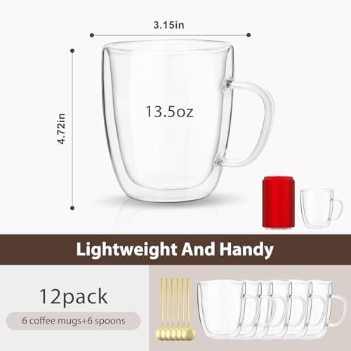 VENVENWEAVS Glass Coffee Mugs Set Of 6, 13.5 OZ Insulated Double Wall Coffee Cups, Perfect for Cappuccino, Latte, Americano, Tea Bag, Beverage,Glass Coffee Cups With Handles - Image 2