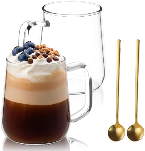 Glass Coffee Mugs with Spoons, 18 oz Glass Coffee Cups Set of 2, Clear Borosilicate Glass Mugs with Handles for Cappuccino, Tea, Latte, Hot/Cold Beverages, Wine, Americano by Unknown