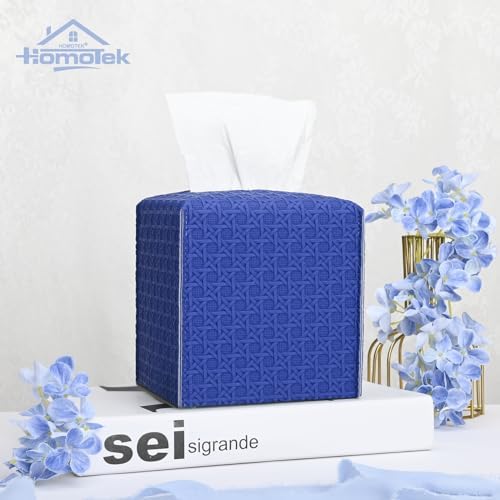 HOMOTEK 1 Pack Tissue Box Cover, Square PU Leather Tissue Holder, Decorative Facial Tissue Cube Paper Organizer Dispenser for Bathroom, Night Stands, Desk, Car 5X5X5'' - Rattan Weave, Blue - Image 3