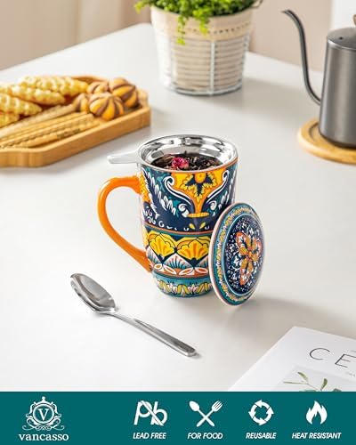 vancasso 18 Oz Tea Infuser Mug with Lid, Amber Iris Bloom - Image 3