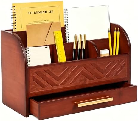 Brown Desktop Organizer with Drawer Storage, White Desk Organizer Mail Holder Mail Organizer Countertop Pen Holder Letter Sorter Make up Organizer for School Home Office Supplies by Charmewooden