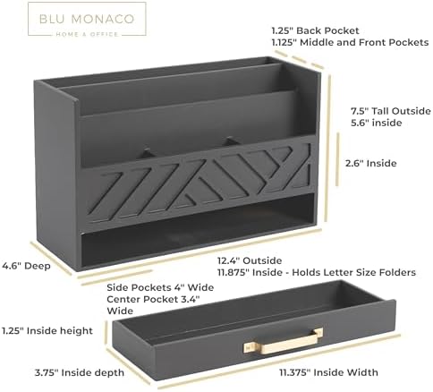 BLU MONACO | Wooden Mail Organizer with Drawer Gold Handle | Mail Sorter Organizer Countertop and Outgoing Mail Holder | Tabletop Organizer with Drawers Grey Desk Storage - Image 3