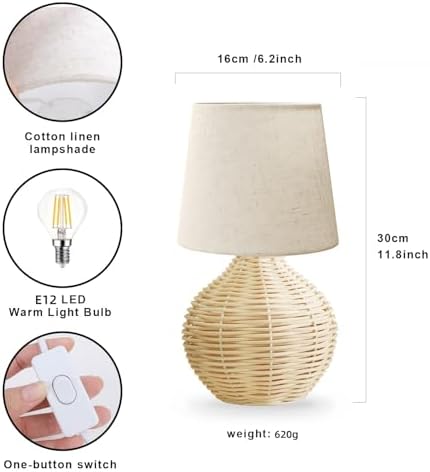 Rattan Small Table Lamp Set of 2, Boho Farmhouse Style with Cotton Linen Lampshade, 6.2×6.2×11.8 Inch Bedroom Night Light for Living Room Office Dorm, with Bulbs Included - Image 6